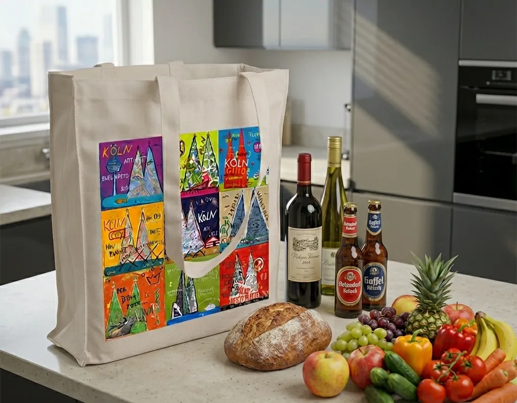 Kölntasche auf Küchenarbeitsplatte mit Flaschen und Obst