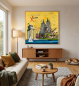 Preview: Wandbild Xanten in Wohnzimmer auf weißer Wand über braunem Holzsideboard neben Stehlampe und hellem Sofa und Couchtisch