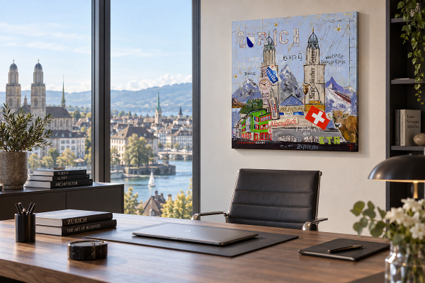 Wohnbeispiel Leinwanddruck Zürich in Büroraum