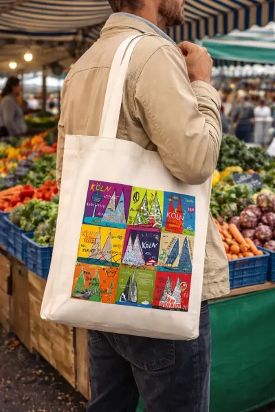 Köln Baumwolltasche mit farbigem Dom-Motiv über der Schulter getragen auf Wochenmarkt mit frischem Gemüse