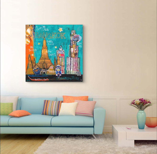 Wohnbeispiel kunstdruck-Bangkok über hellblauer Couch