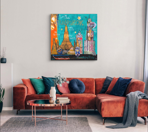 Wohnbeispiel kunstdruck-Bangkok über roter Couch