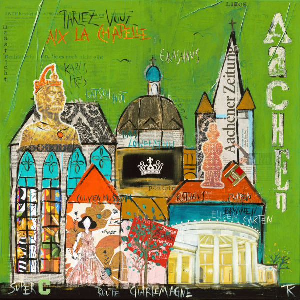 Preview: Leinwanddruck Aachen in Grün mit Dom, Rathaus, Elisenbrunnen und Karl dem Großen als detailreiche Stadtcollage