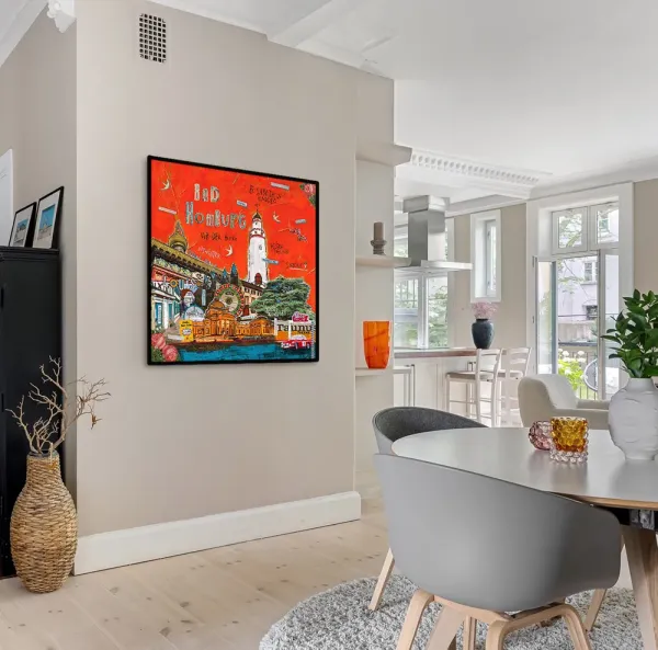 Leinwandbild Bad Homburg in Orange im hellen Esszimmer mit modernem Tisch und offenen Wohnbereichen