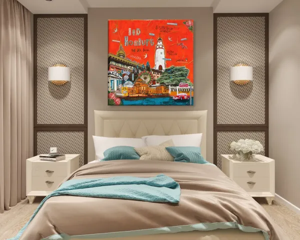Wandbild Bad Homburg in Orange über Bett im eleganten Schlafzimmer mit gepolstertem Kopfteil
