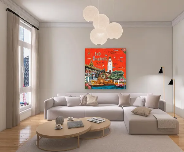 Leinwanddruck Bad Homburg in Orange über hellem Sofa im modernen Wohnzimmer mit großen Fenstern