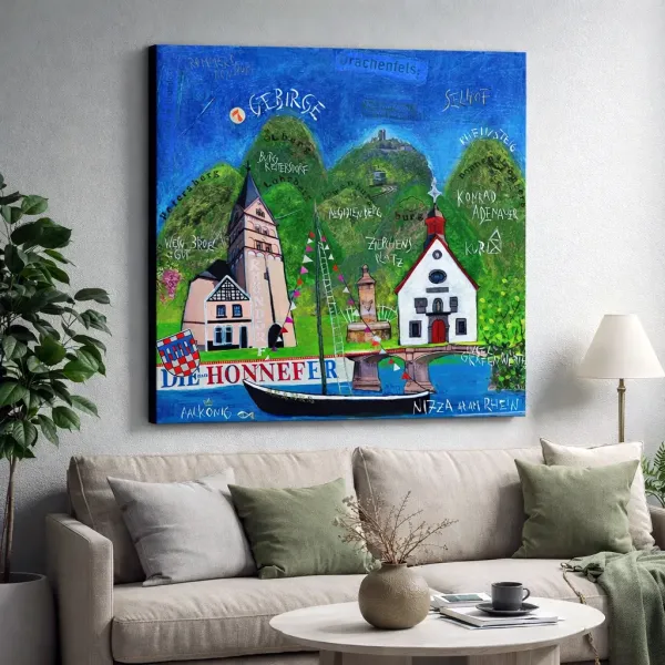 Leinwandbild Bad Honnef über hellem Sofa im modernen Wohnzimmer mit Siebengebirge und Rheinlandschaft