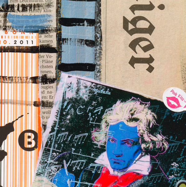 Detailansicht des Leinwandbilds Bonn-City mit Beethoven-Porträt, collagierten Zeitungselementen und typografischen Bonn-Bezügen.