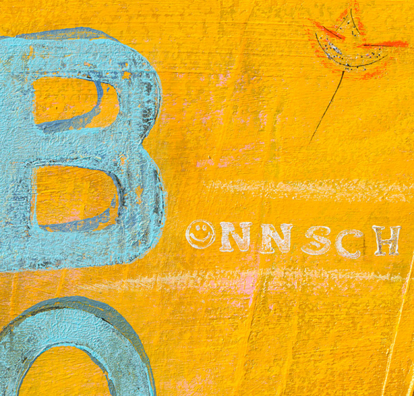 Detailansicht des Leinwandbilds Bonn-City in Gelb mit großem blauem Buchstaben B und Bönnsch-Schriftzug und typografischen Collage-Elementen.