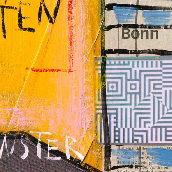Detailansicht des Leinwandbilds Bonn-City in Gelb mit Zeitungscollage, Schriftzug „Bonn“ und grafischem Muster in Blau-Grau.