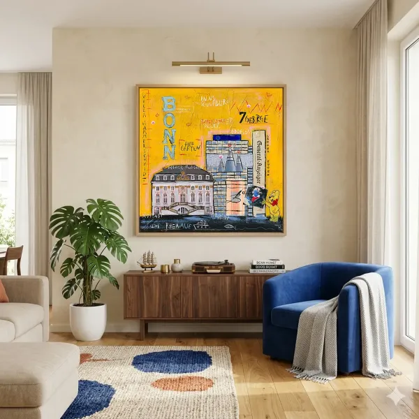 Leinwandbild Bonn-City in Gelb in hellem Wohnzimmer über Holzsideboard mit blauem Sessel.