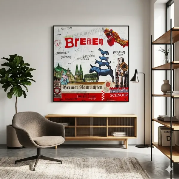 Leinwandbild Bremen im modernen Büro mit Bremer Stadtmusikanten, Rathaus, Roland und Schnoor über Sideboard