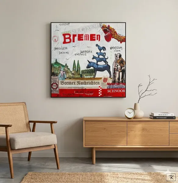 Leinwandbild Bremen im skandinavischen Wohnzimmer über Holzsideboard mit Bremer Stadtmusikanten und Stadtmotiven