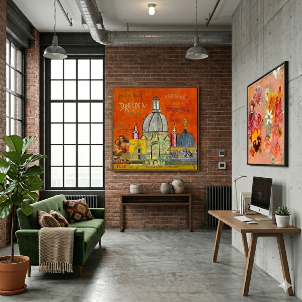 Wohnbeispiel mit Leinwanddruck Dresden in orange mit grünem Sofa in Loftwohnung