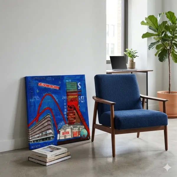 Kunstdruck Gelsenkirchen als modernes Wandbild im Wohnzimmer mit Schalke 04 und blauer Stadtcollage