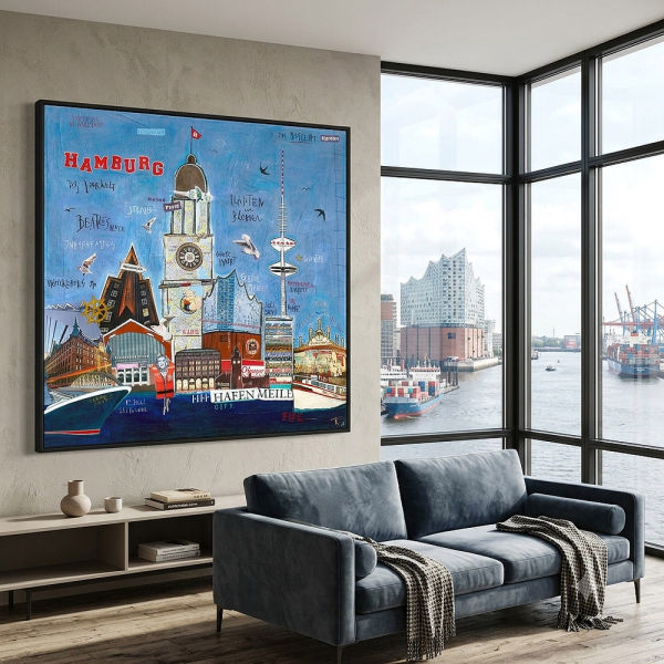 Kunstdruck Hamburg das Tor zur Welt an roter Wand neben Ballchair