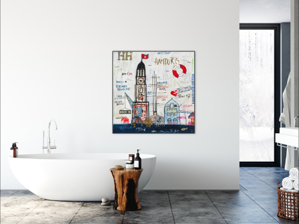Wohnbeispiel Kunstdruck Hamburg Große Freiheit an weißer  Wand über Badewanne