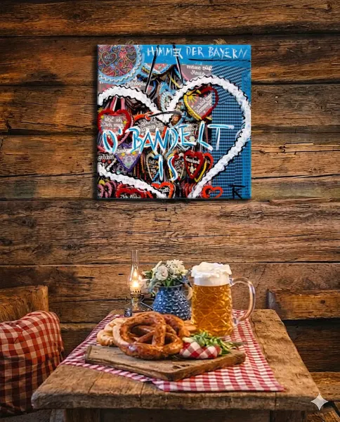 Preview: Leinwanddruck München Oktoberfest in Berghütte an Holzwand über Holztisch mit Bierkrug und Brezel