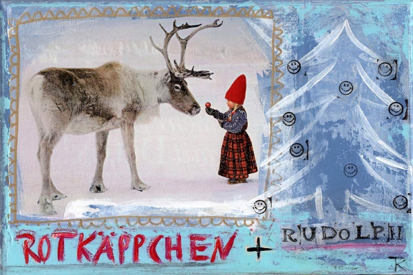 Kunstdruck Weihnachten mit Rotkäppchen und Rudolf