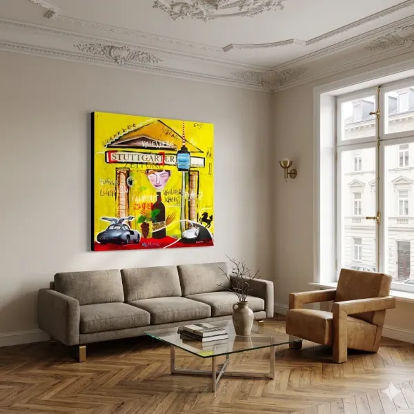 Stuttgart Leinwandbild über Sofa im eleganten Altbau-Wohnzimmer