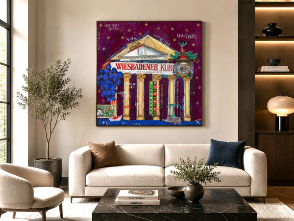 Wohnbeispiel Kunstdruck Wiesbaden in modernem Wohnzimmer