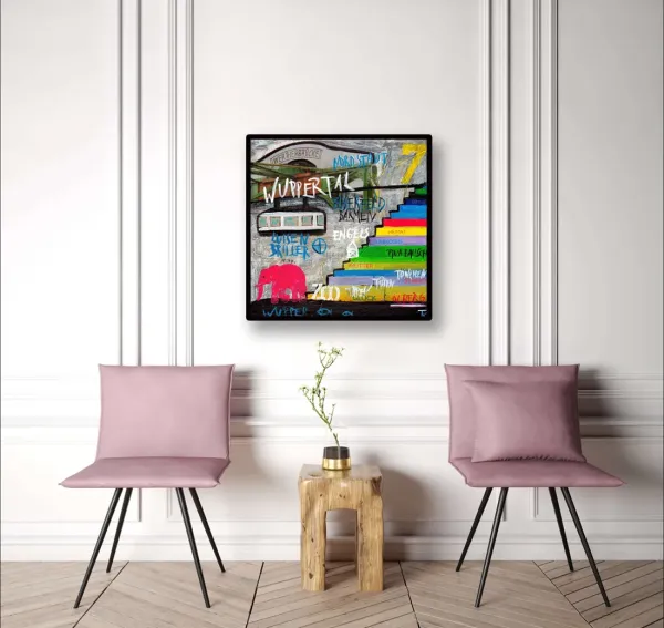 Leinwandbild Wuppertal mit Schwebebahn und Treppenmotiv im stilvollen Flur