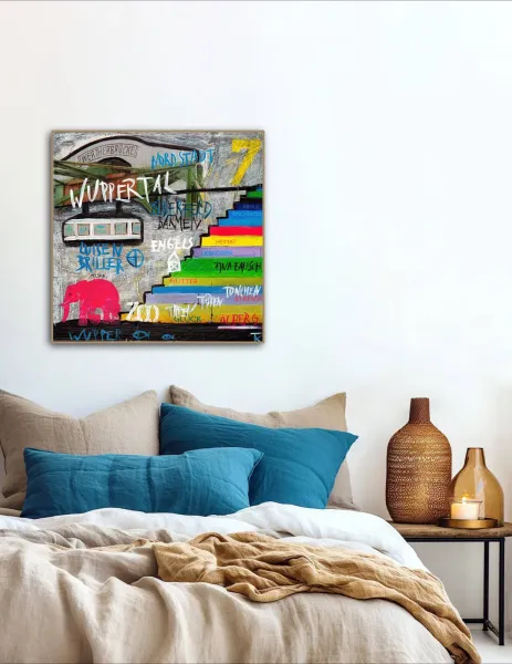 Kunstdruck Wuppertal als farbiges Stadtbild im Schlafzimmer über dem Bett