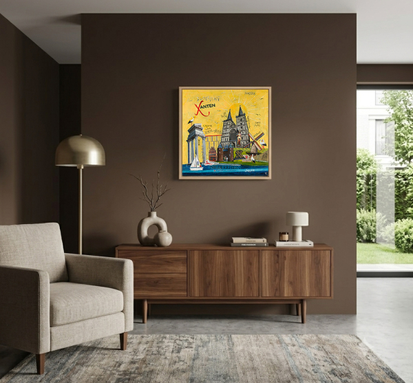 Leinwandbild Xanten in Wohnzimmer auf brauner Wand über Holzsideboard und grauem Sessel