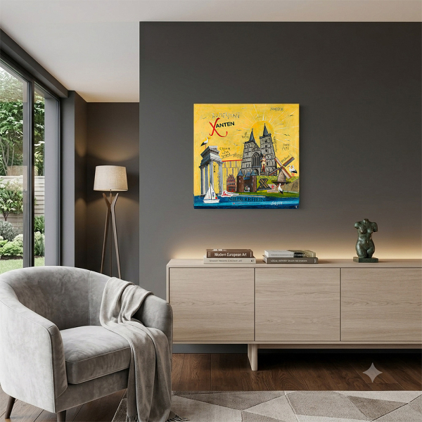 Leinwandbild Xanten in Wohnzimmer auf dunkelgrauer Wand über hellem Sideboard und grauem Sessel