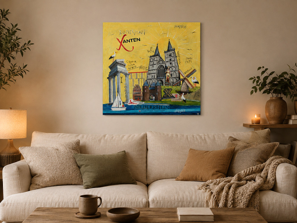 Kunstdruck Xanten in Wohnzimmer auf heller Wand über beigefarbenem Sofa
