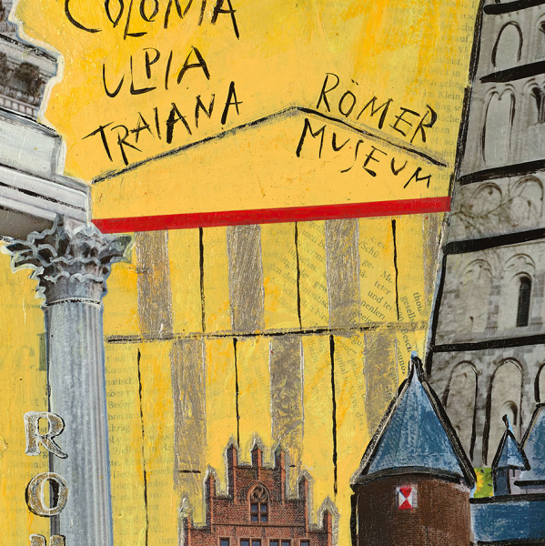 Detailansicht des Xanten-Leinwandbildes mit römischen Säulen, Colonia Ulpia Traiana und Römermuseum