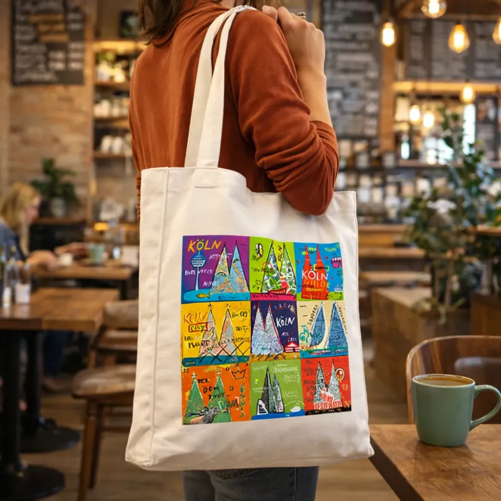 Köln Stofftasche mit Dom-Motiv über der Schulter getragen in gemütlichem Café, moderne Szene mit Holztischen und Tasse