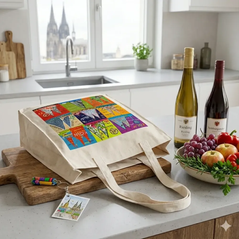 Gefüllte Köln Einkaufstasche aus Baumwolle mit Dom-Motiv in Küche auf Holzbrett, Lebensmittel und Flaschen daneben