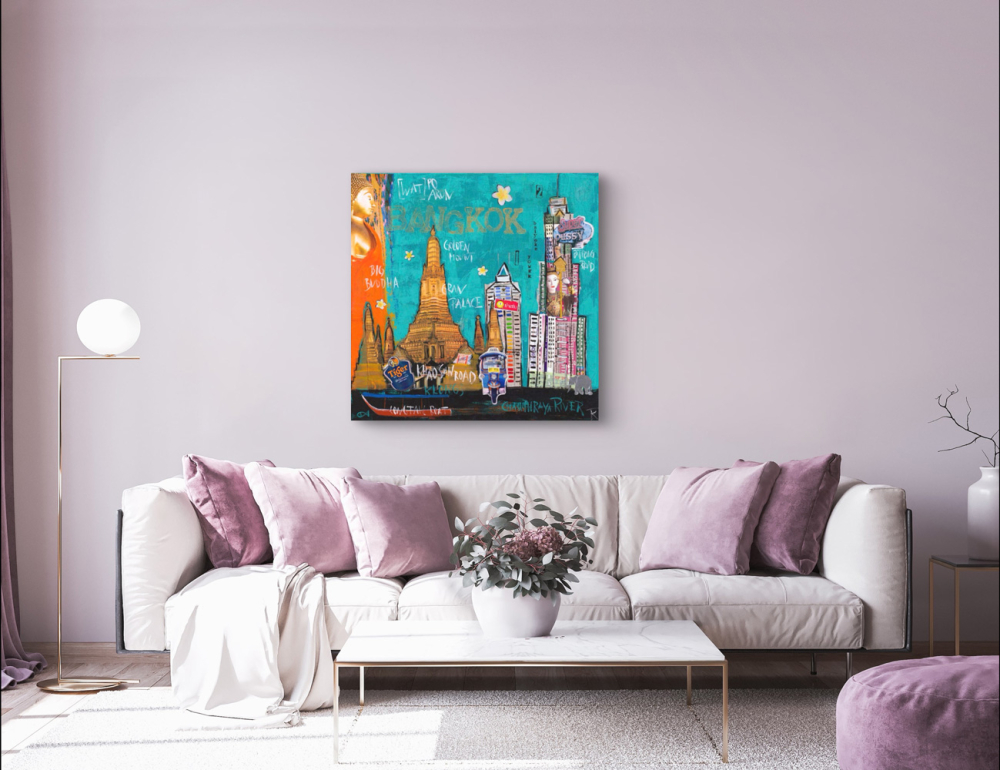 Wohnbeispiel kunstdruck-Bangkok an violetter Wand