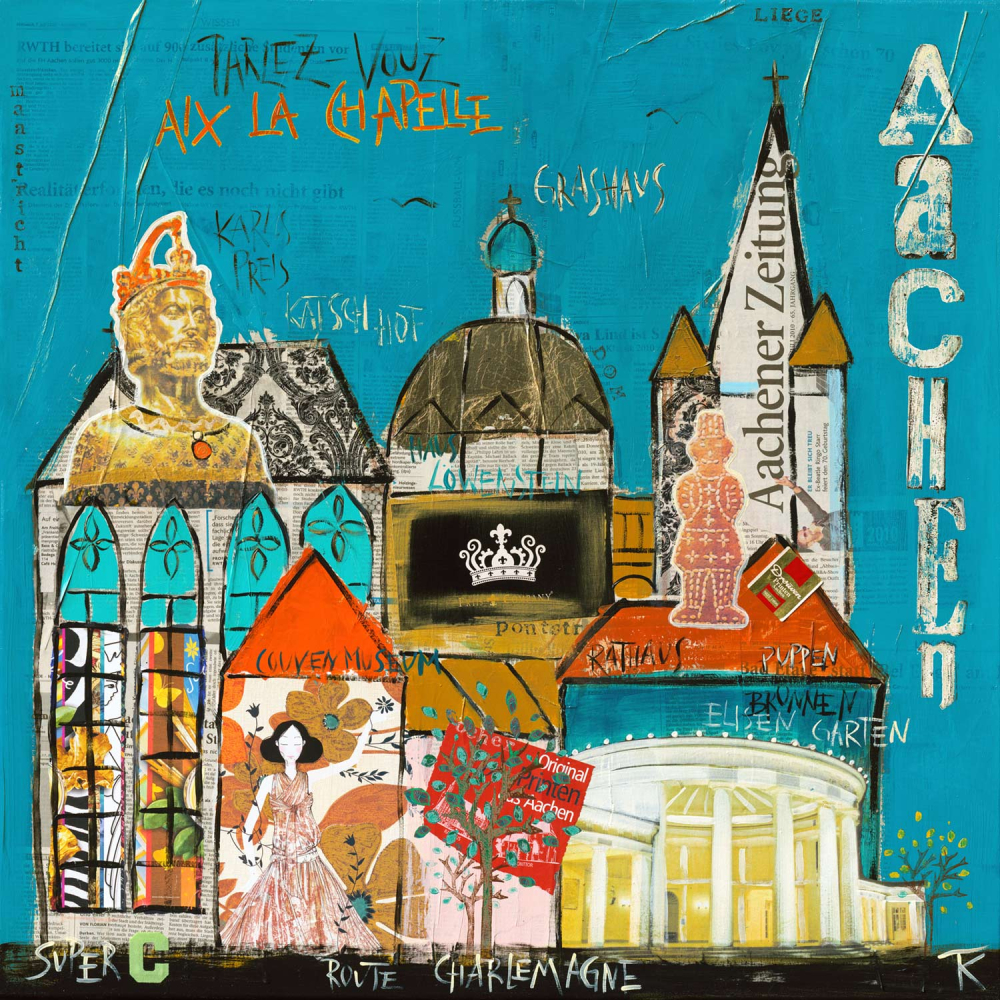 Leinwanddruck Aachen in Blau mit Dom, Rathaus, Elisenbrunnen und Karl dem Großen als detailreiche Stadtcollage