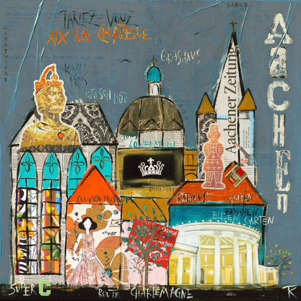 Leinwanddruck Aachen in Grau mit Dom, Rathaus, Elisenbrunnen und Karl dem Großen als detailreiche Stadtcollage