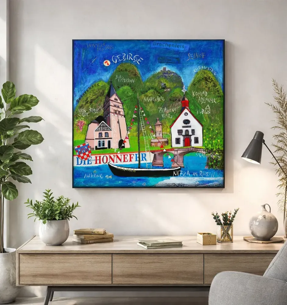 Leinwandbild Bad Honnef im Wohnraum über Holzsideboard mit Drachenfels, Rhöndorf und Siebengebirge