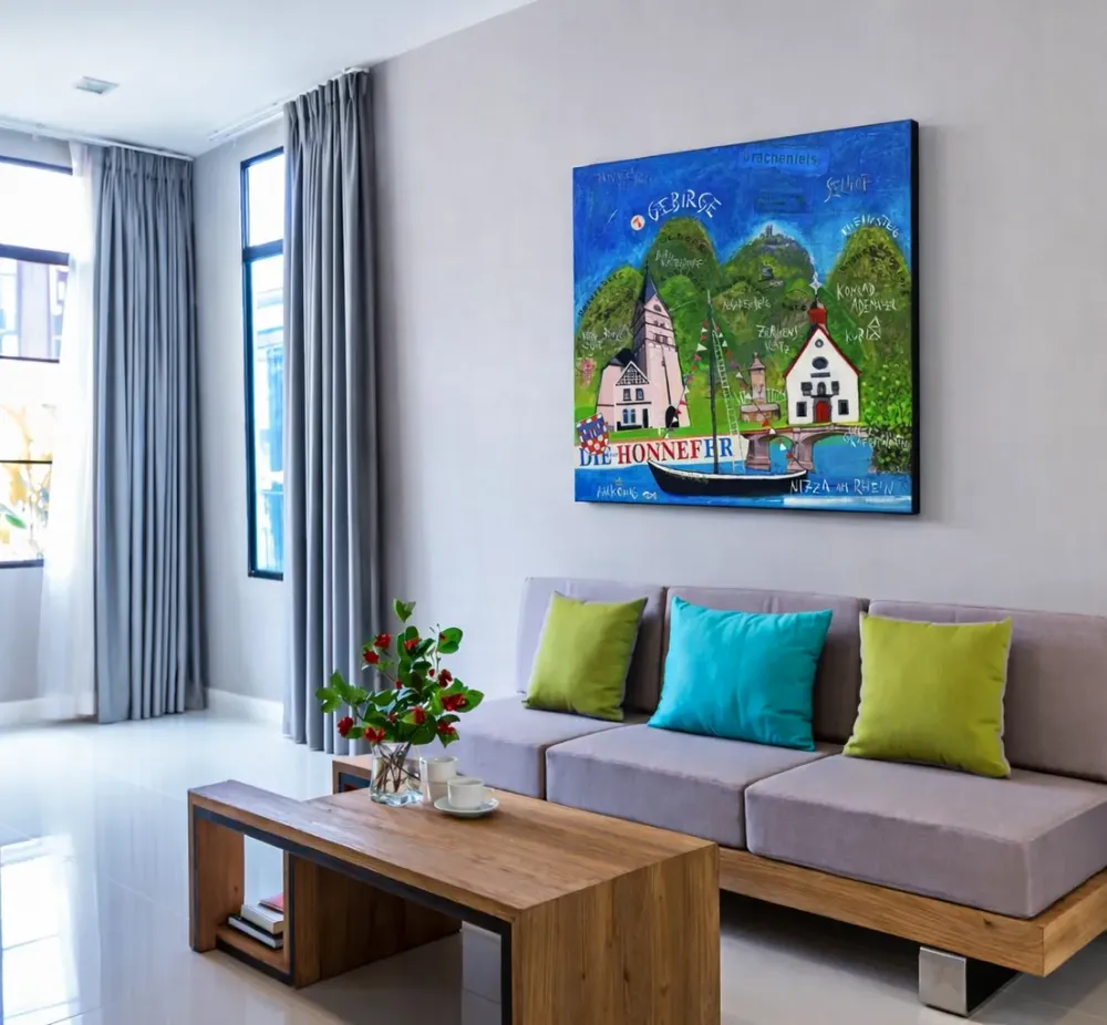 Leinwandbild Bad Honnef im modernen Wohnzimmer über Sofa mit Siebengebirge, Rheinmotiven und Stadtansichten