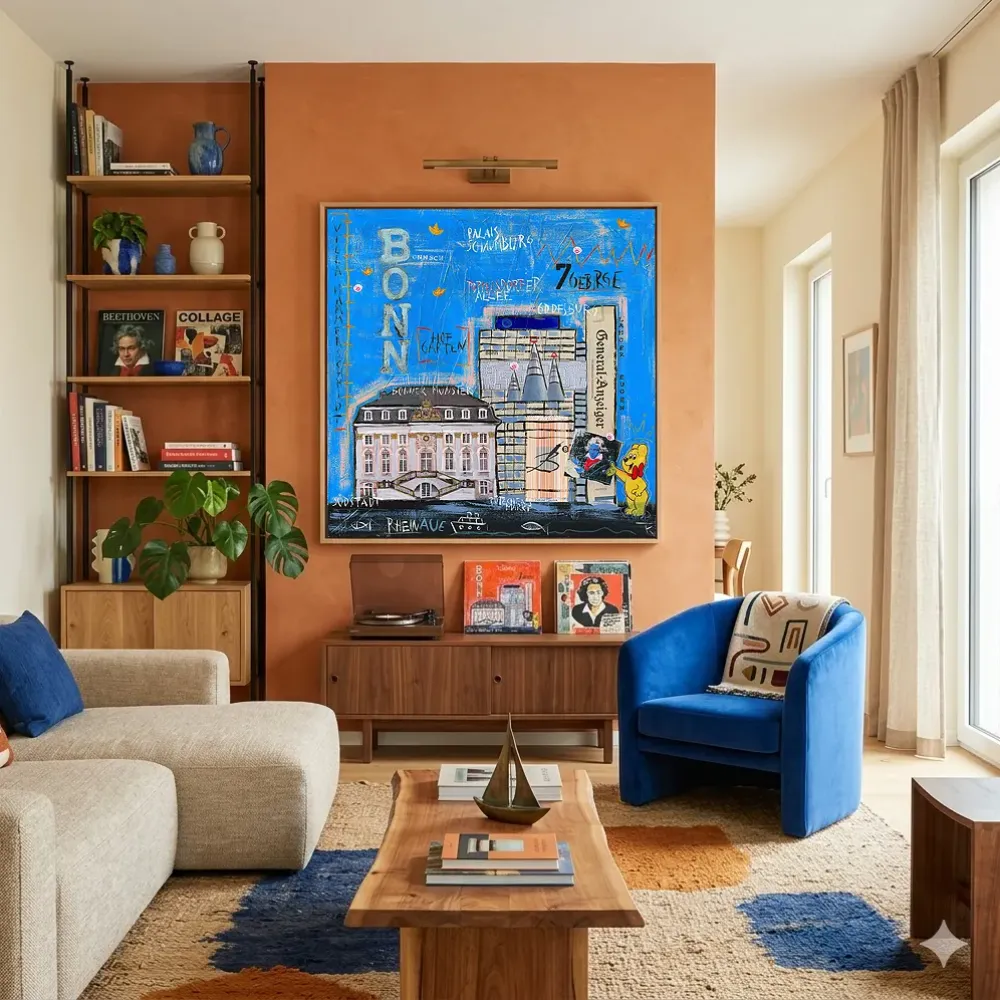 Kunstdruck Bonn-City in Blau in Wohnzimmer mit orangefarbener Wand, Regal und blauem Sessel.