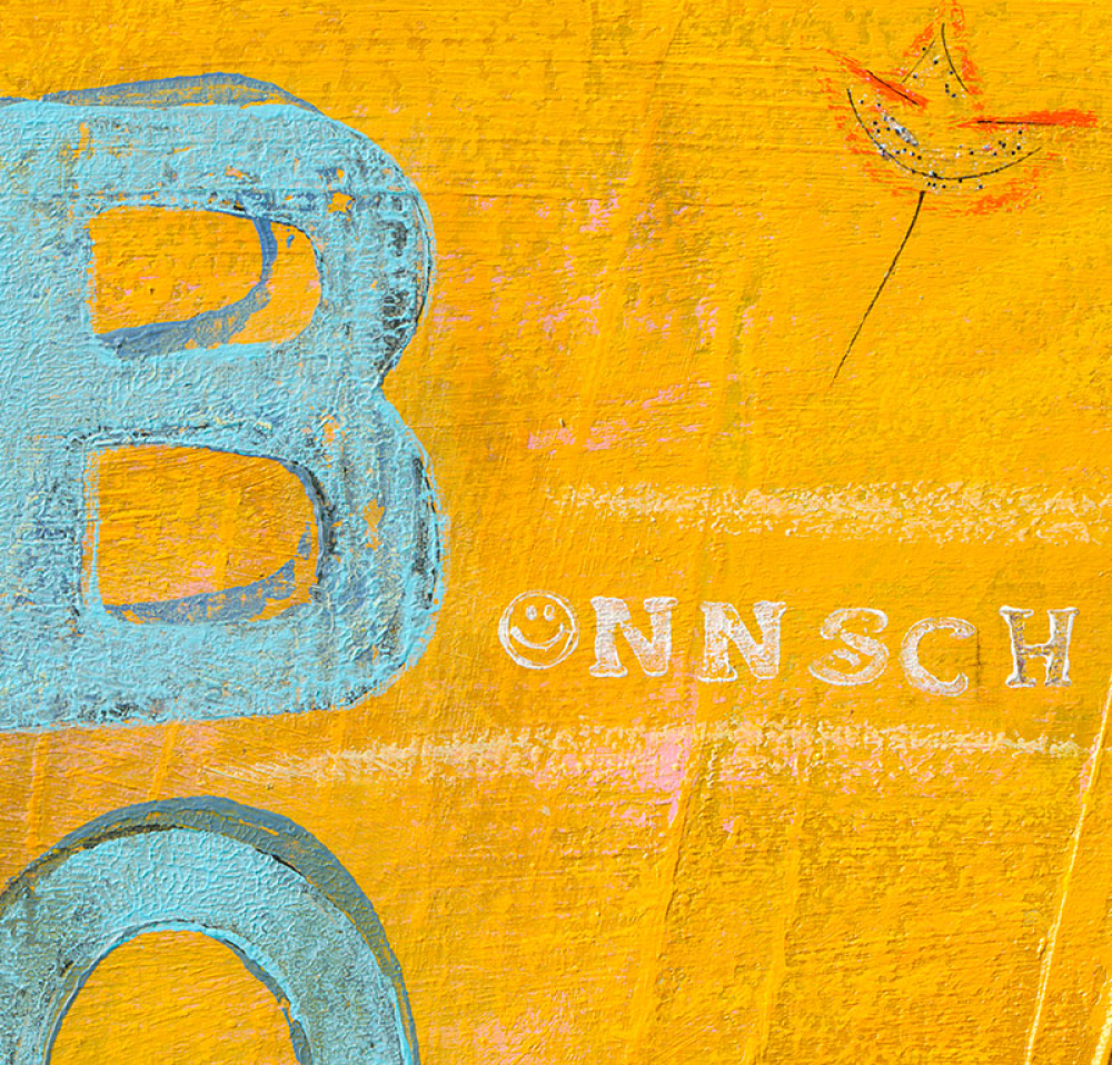 Detailansicht des Leinwandbilds Bonn-City in Gelb mit großem blauem Buchstaben B und Bönnsch-Schriftzug und typografischen Collage-Elementen.