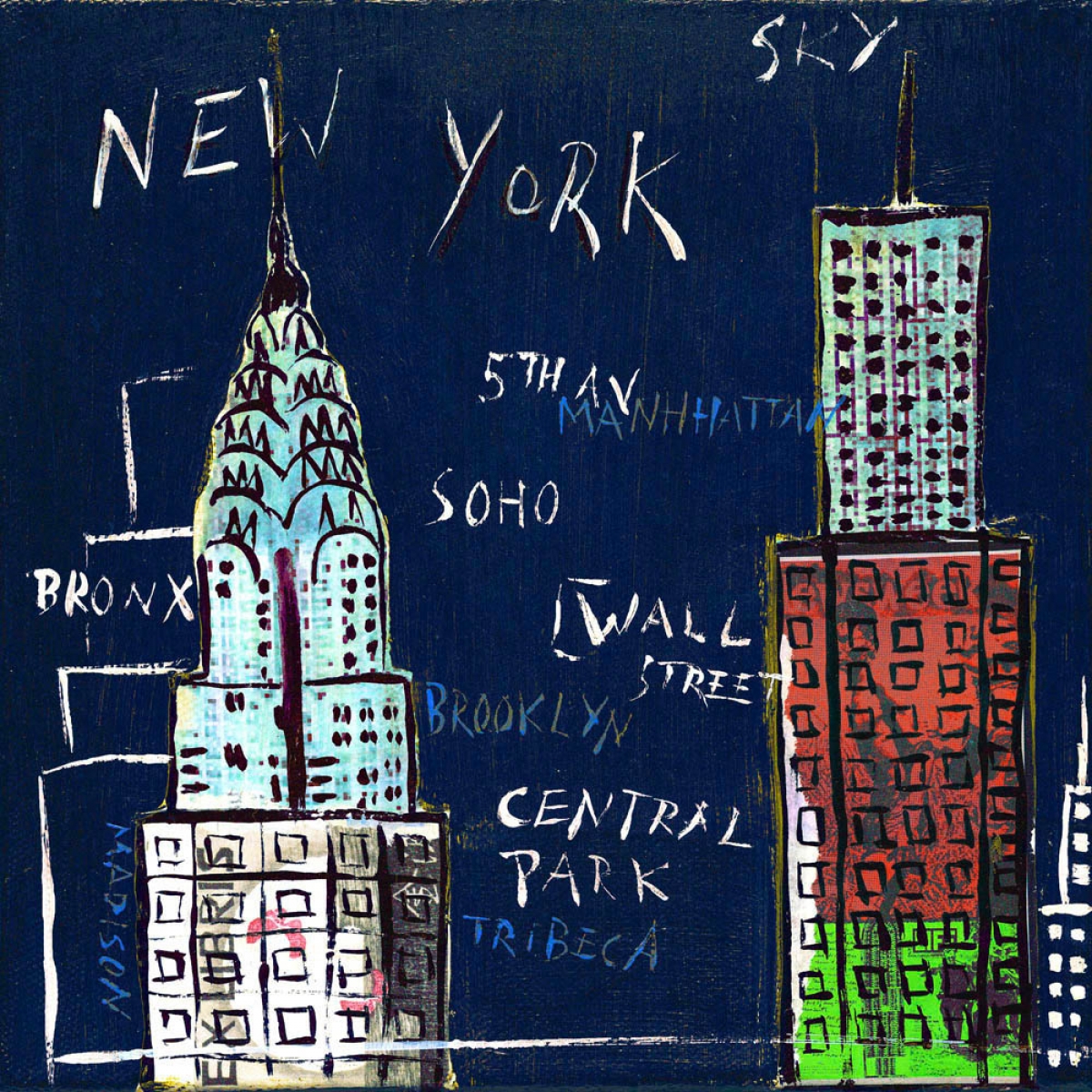 Leinwandbild New York mit Empire State Building und Chrysler Building als Fine-Art Kunstdruck dunkelblau