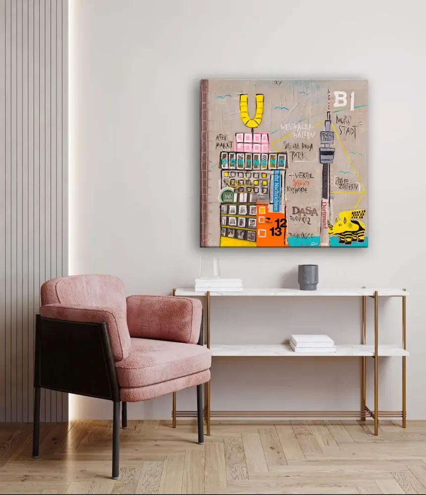 Kunstdruck Dortmund als modernes Wandbild im Flur mit Dortmunder U und Florianturm