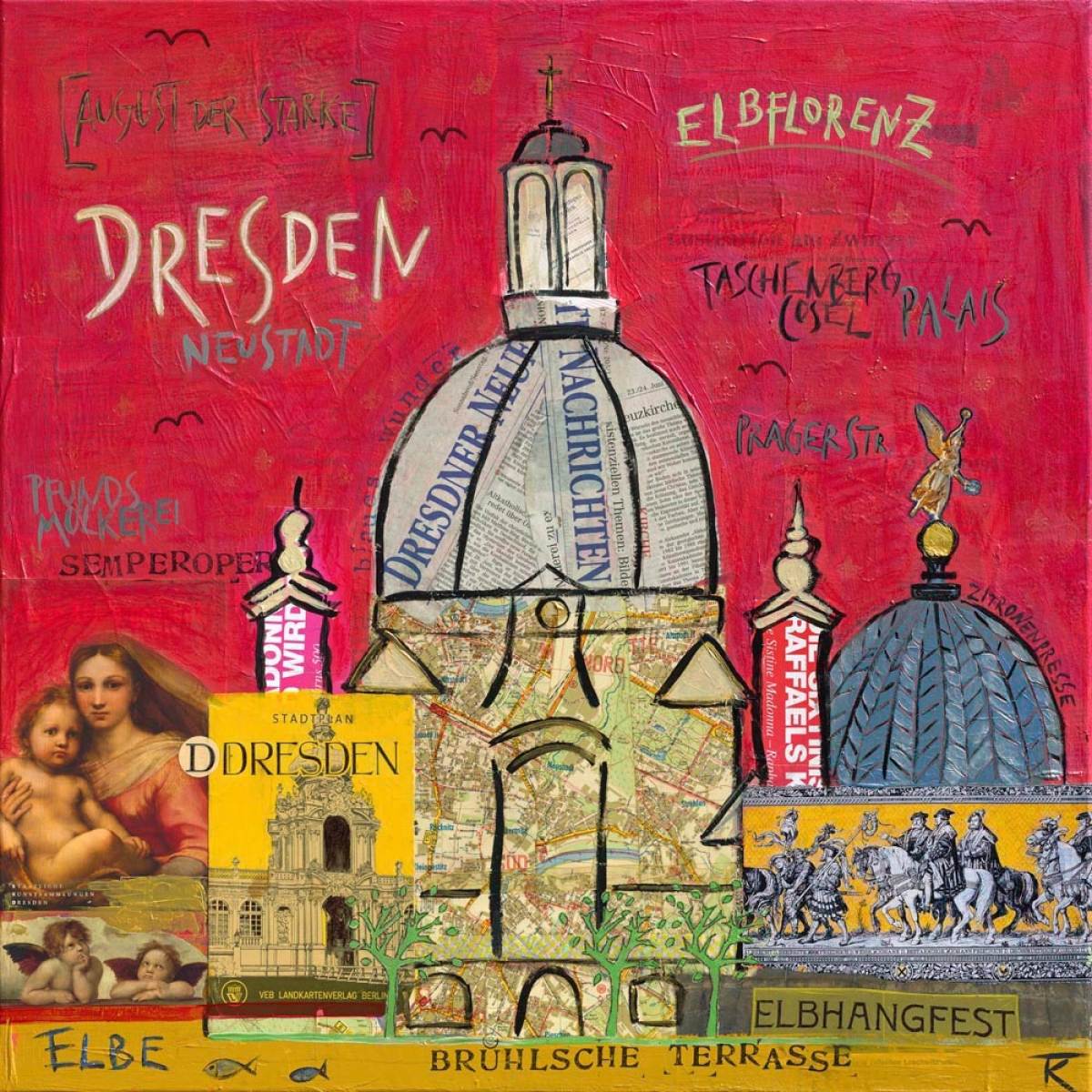 Original-Collage auf Leinwand "Dresden"