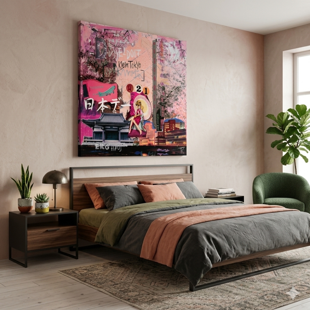 Wohnbeispiel mit Leinwanddruck Düsseldorf Klein Tokyo über Bett in modernem Schlafzimmer