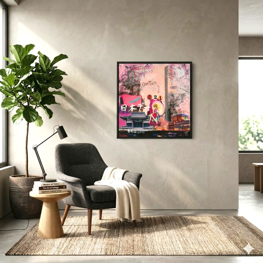 Wohnbeispiel mit gerahmtem Kunstdruck Düsseldorf Klein Tokyo an heller Wand neben Sessel und Beistelltisch