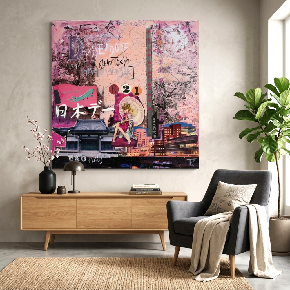 Wohnbeispiel mit großformatigem Leinwandbild Düsseldorf Klein Tokyo über Sideboard in stilvollem Wohnraum