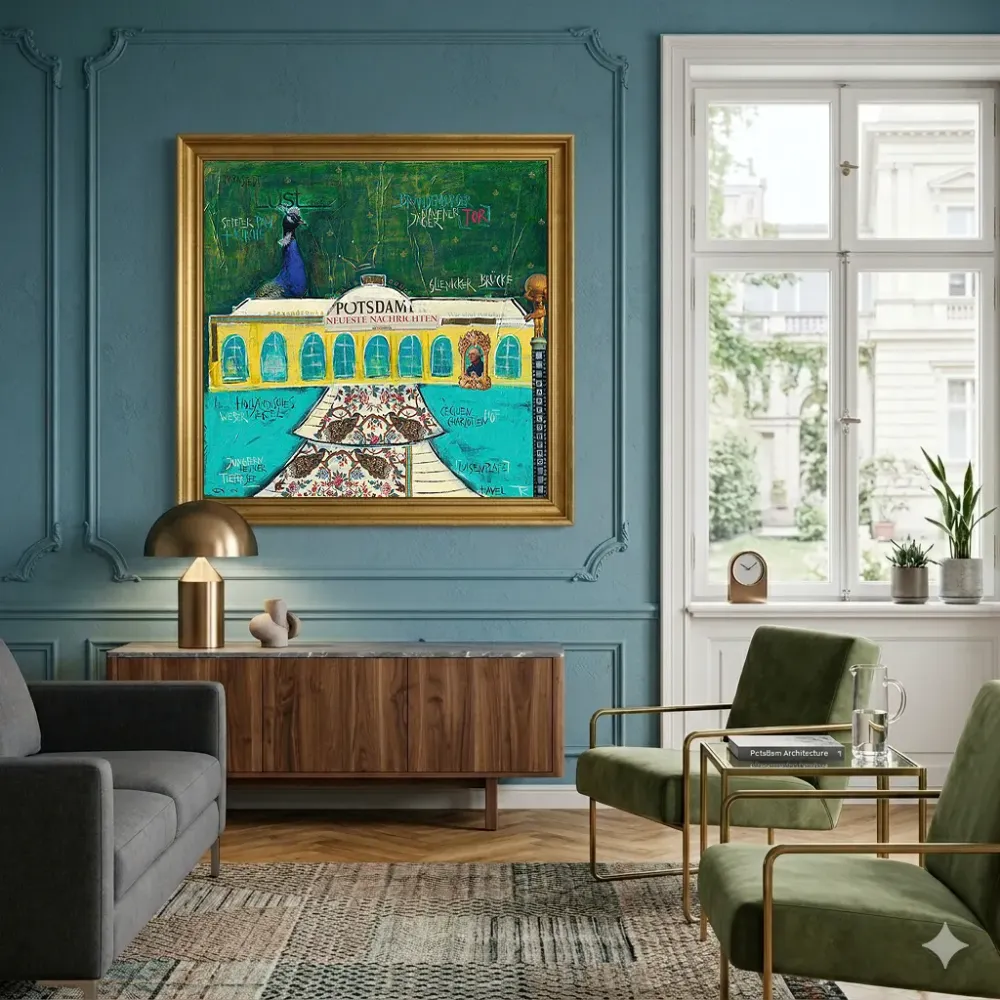 Kunstdruck Potsdam als großes Wandbild in Beispiel-Rahmen über Sideboard in elegantem Wohnzimmer