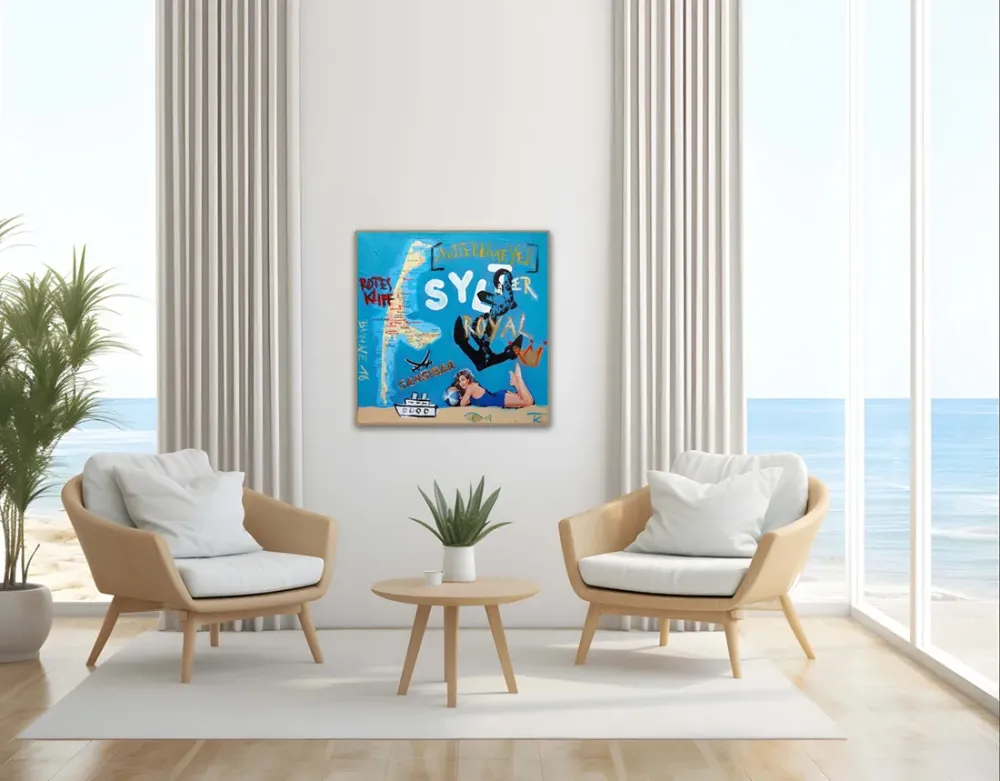 Wandbild Sylt als moderner Kunstdruck im lichtdurchfluteten Strandhaus mit Meerblick