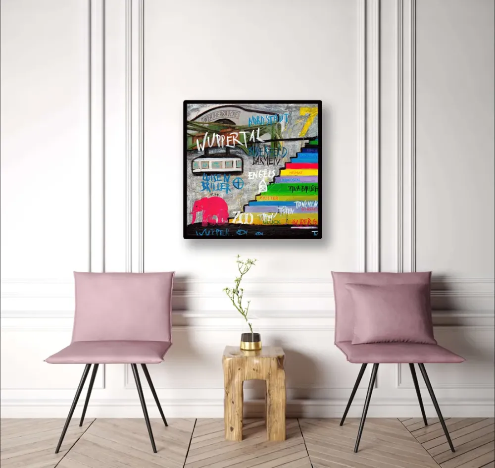 Leinwandbild Wuppertal mit Schwebebahn und Treppenmotiv im stilvollen Flur