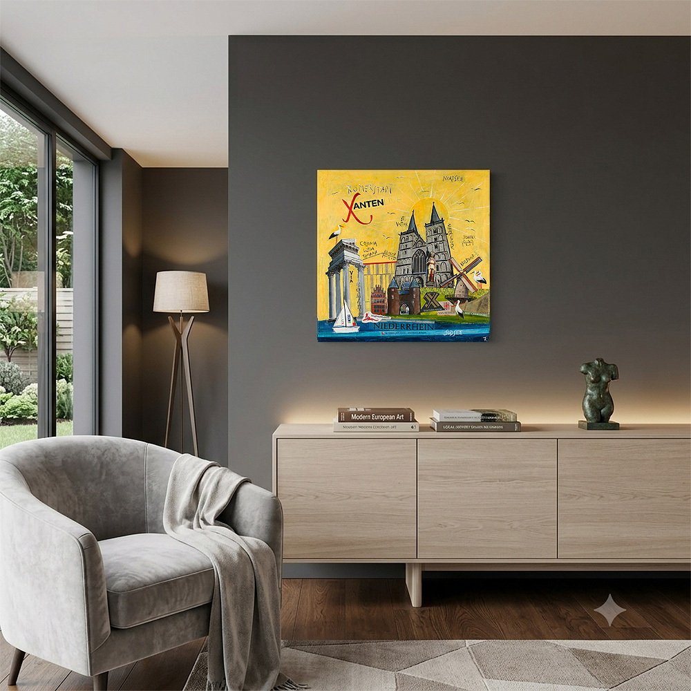 Leinwandbild Xanten in Wohnzimmer auf dunkelgrauer Wand über hellem Sideboard und grauem Sessel
